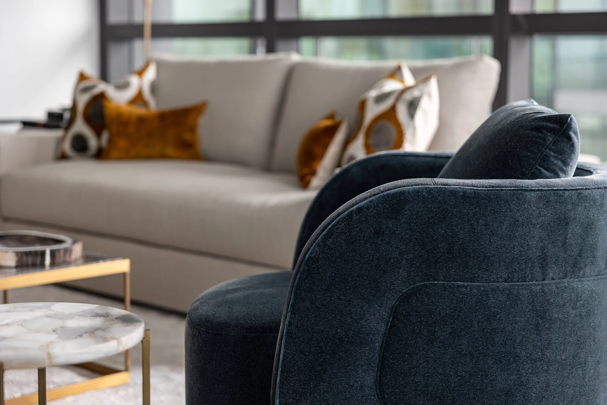 A modern condo in Downtown Columbus Ohio showcasing the luxury interior design of Benham + Co Interior Design.