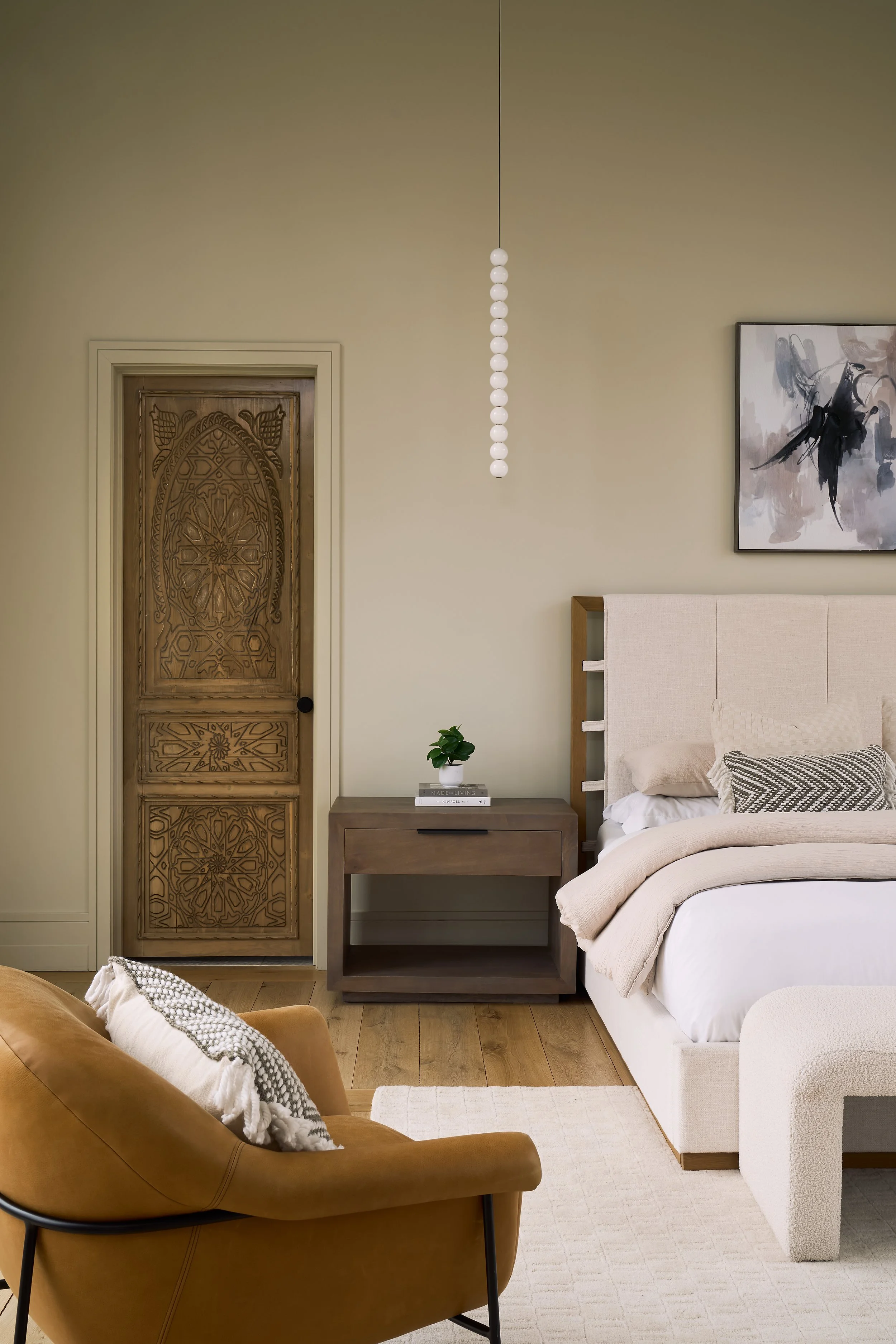 Modern Mediterranean Primary Bedroom with Visual Comfort Lighting located in Powell, Columbus, Ohio. Luxury Interior Design at it Best. 