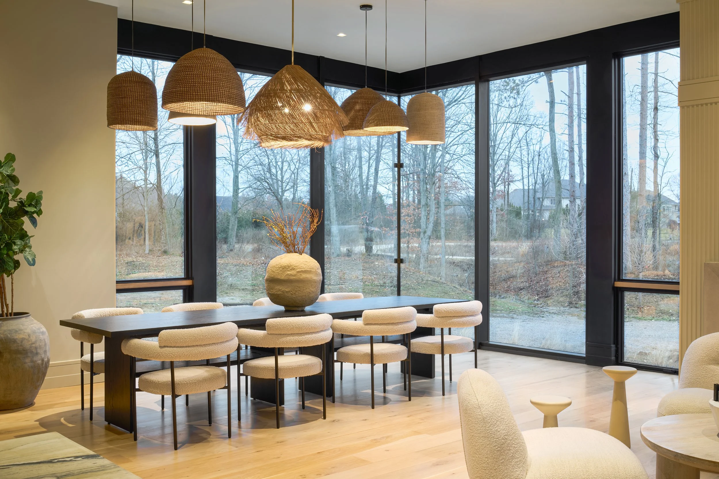 Modern Mediterranean seating area and luxury dining room located in Powell, Columbus, Ohio. Luxury Interior Design at it Best. 
