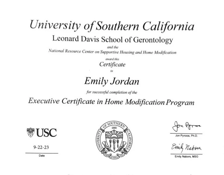 My certificate for the 6 month of course work on home modifications.