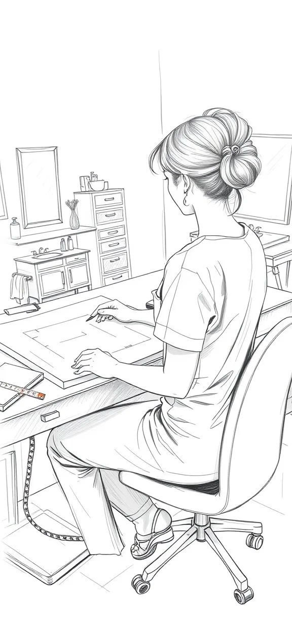 Black and white line drawing of a woman with her hair in a bun, sitting at a desk in a room that appears to be a salon or medical office, working on a project.