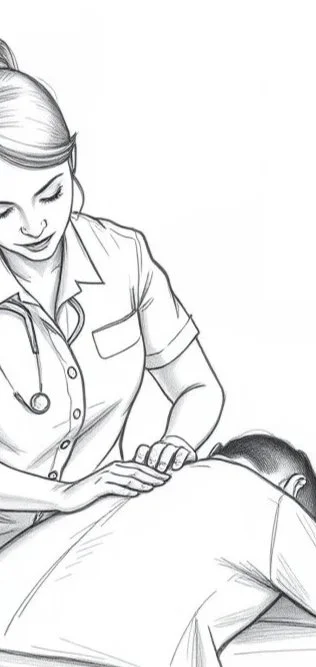 Line drawing of a female healthcare professional performing a medical examination on a patient lying face down.