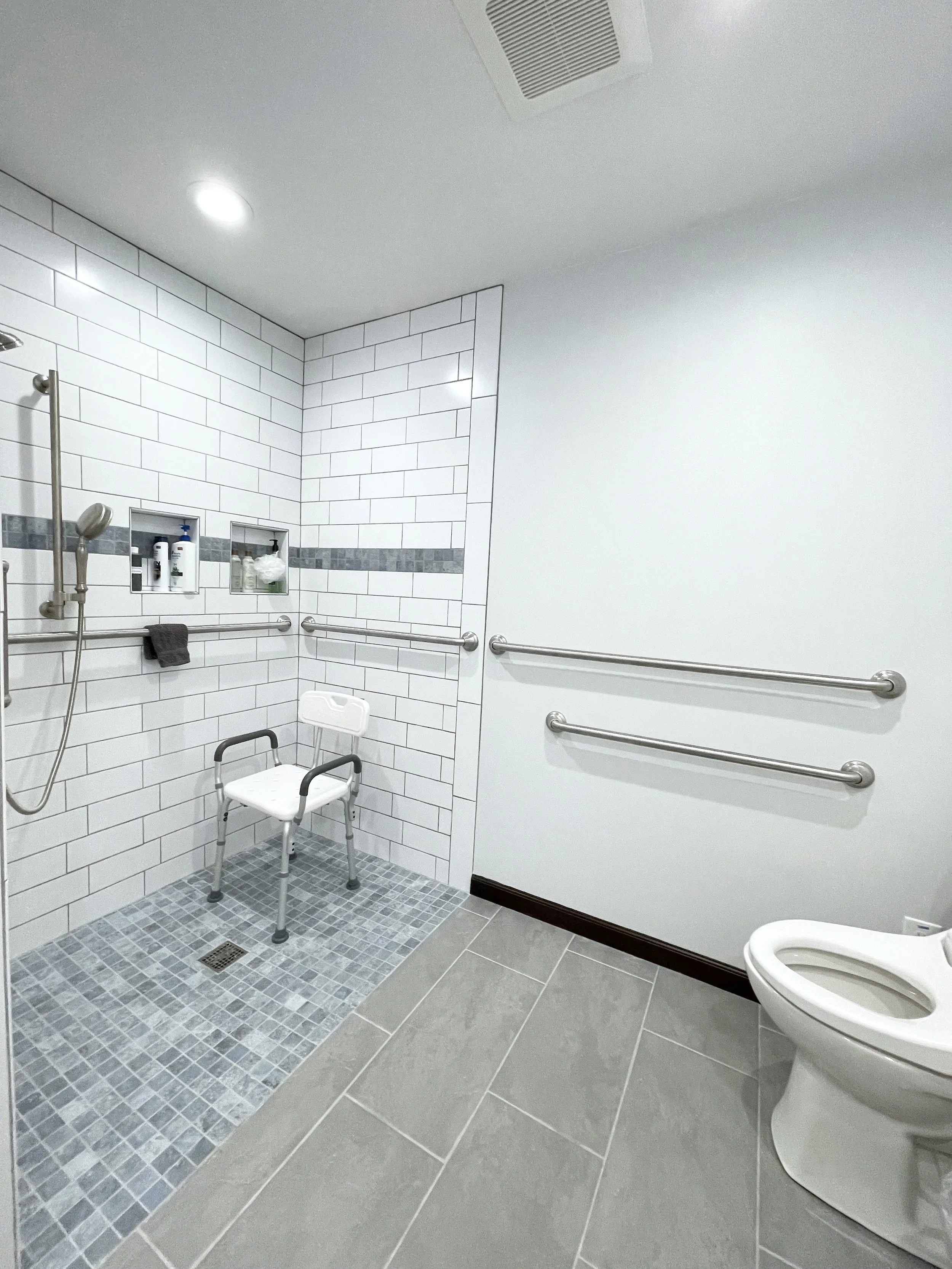 A barrier free aging in place bathroom I designed for a client. He had double hip replacement and aging related decline. 