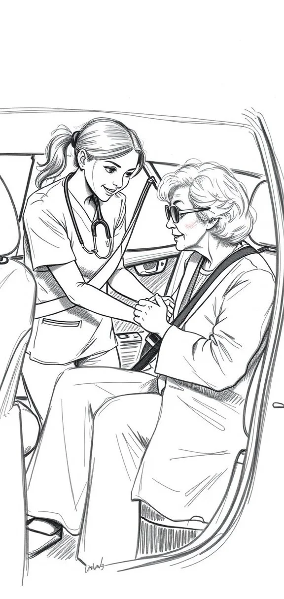 A nurse helping an elderly woman with a seatbelt in the backseat of a vehicle.