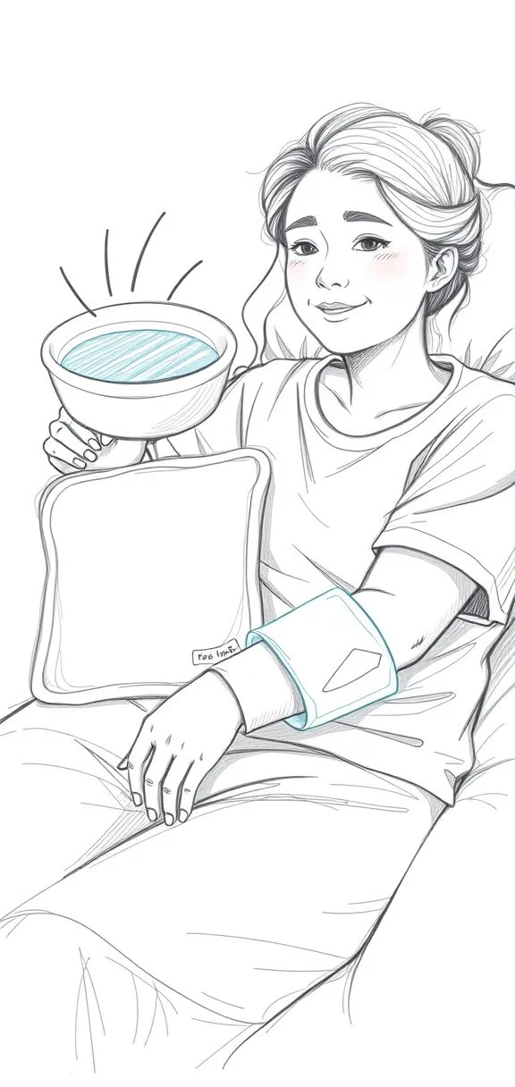 Line drawing of a woman in a hospital bed holding a bowl of water, with a blood pressure cuff on her arm, smiling gently.