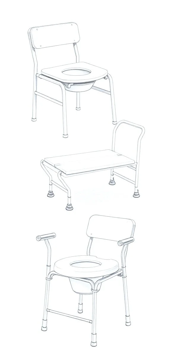 Line drawing of three different types of chairs, all with openings in the seats for a toilet, showing various designs and features.