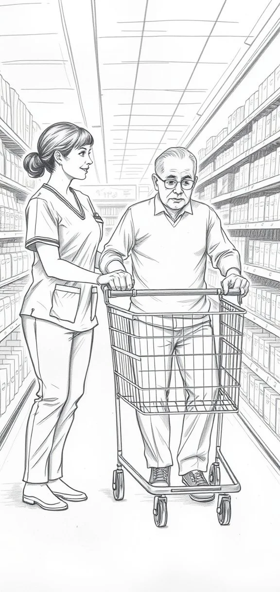 A nurse and an elderly man with glasses and a white shirt shopping in a grocery store aisle, with the man pushing a shopping cart and the nurse assisting him.