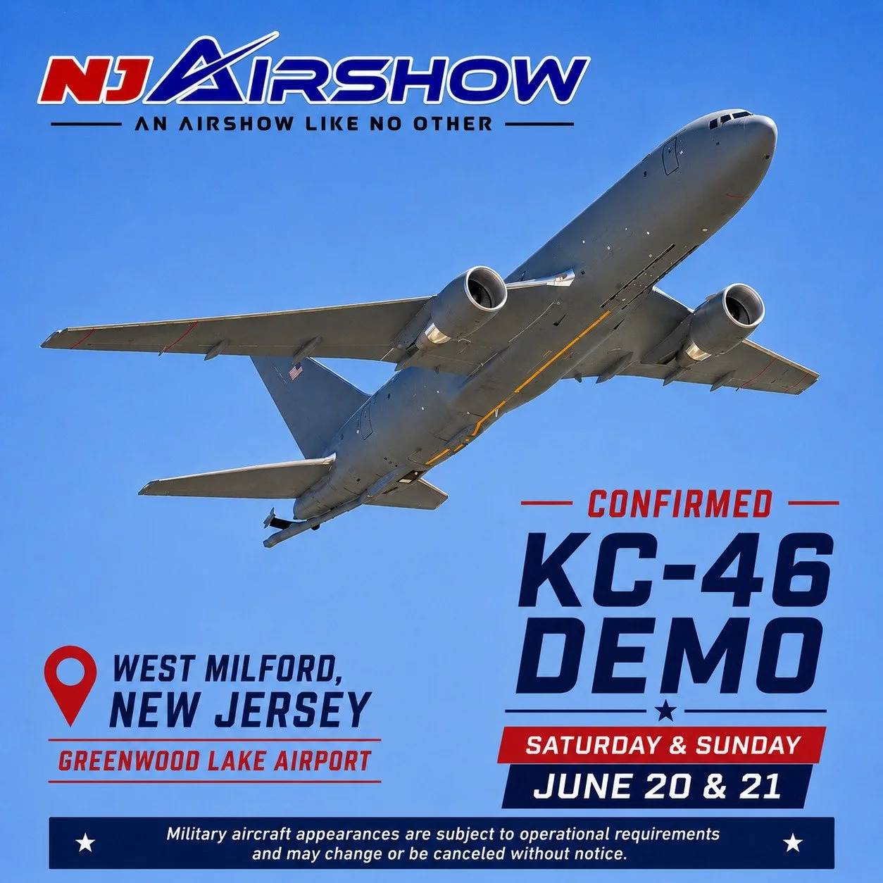 The U.S. Air Force KC-46 Pegasus will perform a special aerial demonstration at the NJ Airshow on Saturday, June 20 and Sunday, June 21 at Greenwood Lake Airport in West Milford, New Jersey.

One of the Air Force's newest and most advanced aerial ref