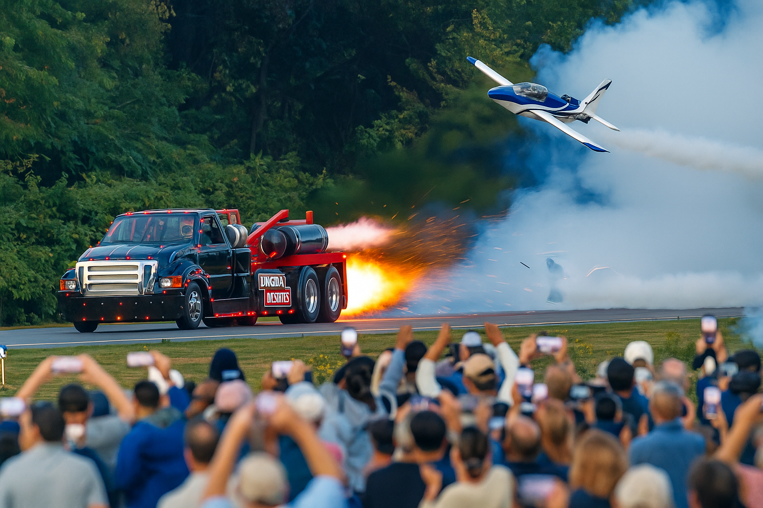 A jet flying close to the ground explosion with a crowd of people watching and taking photos.