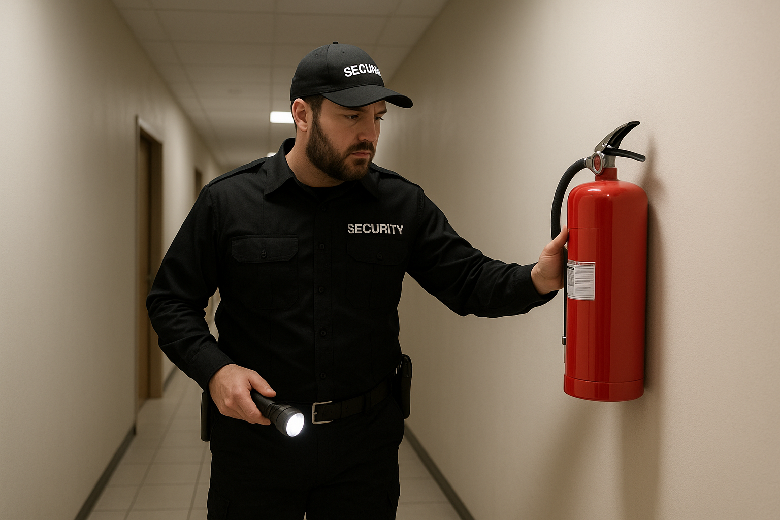Security guard inspecting a red fire extinguisher with a flashlight in a hallway.