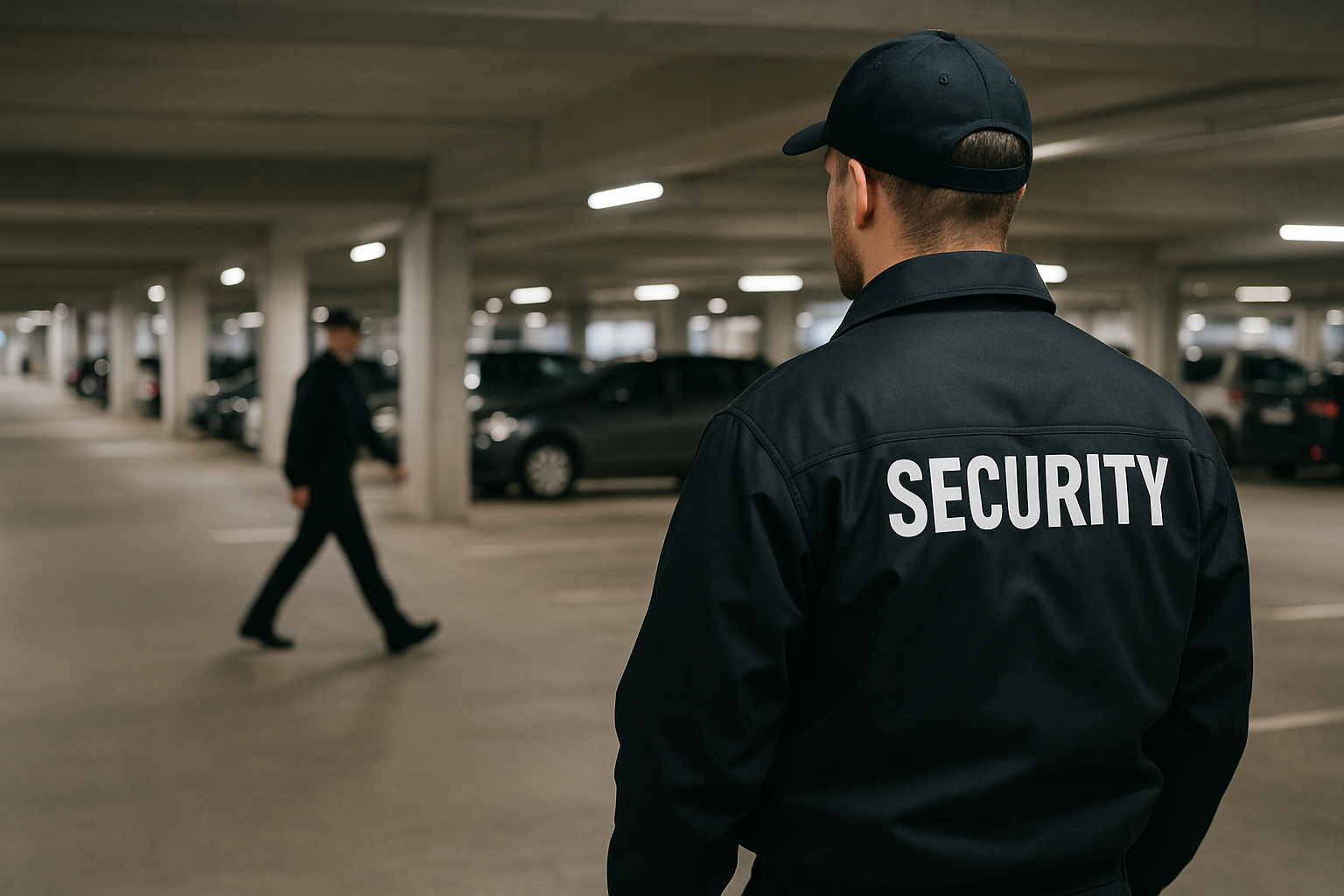 A security guard in black uniform with 'SECURITY' on the back, watching over a parking garage, with a person walking in the background.