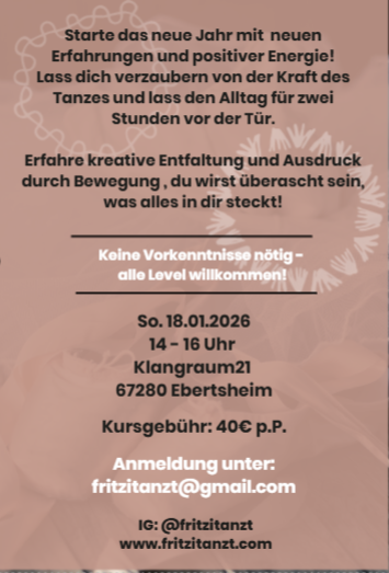 Ein Einladungstext für einen Tanzkurs, der am 18.01.2026 von 14 bis 16 Uhr in Ebertsheim stattfindet. Es wird keine Vorkenntnisse benötigt, und die Teilnahme kostet 40 Euro pro Person.