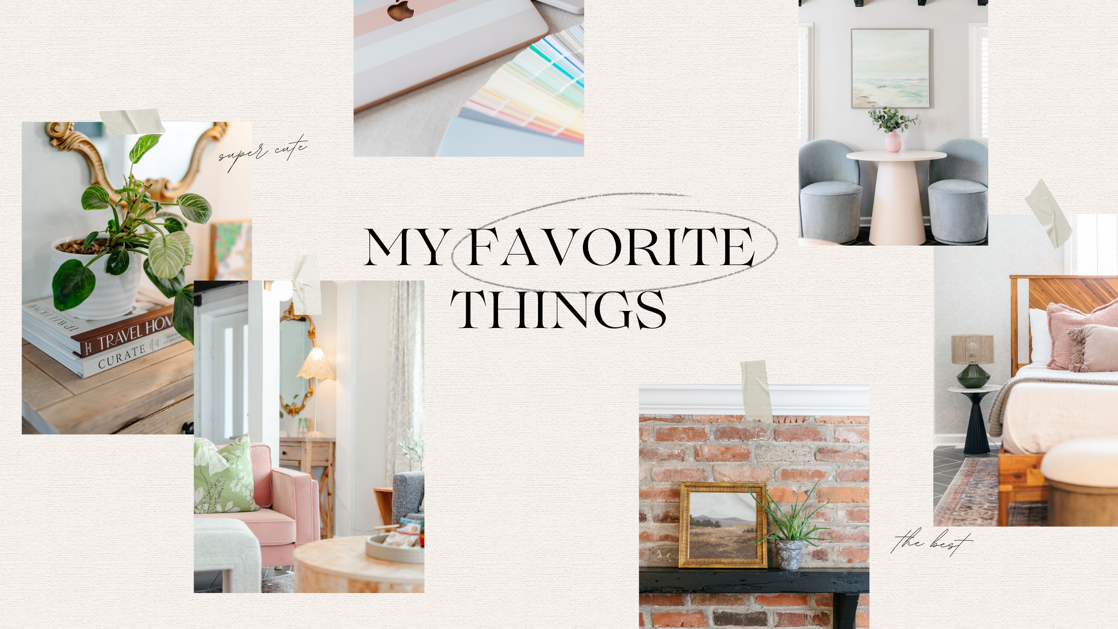 Collage of interior decor and design items including a potted plant on books, color swatches, a cozy seating nook with pastel chairs and a round table, a bedroom with pink pillows, a brick wall with framed artwork and a plant, and JULU PAINTING