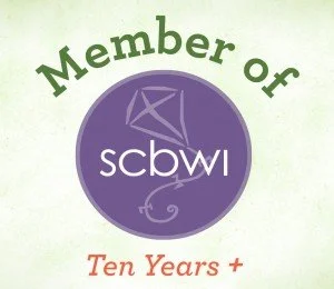 Member of SCBWI logo with a purple circle and a stylized drawing of a chameleon, indicating ten years of membership.