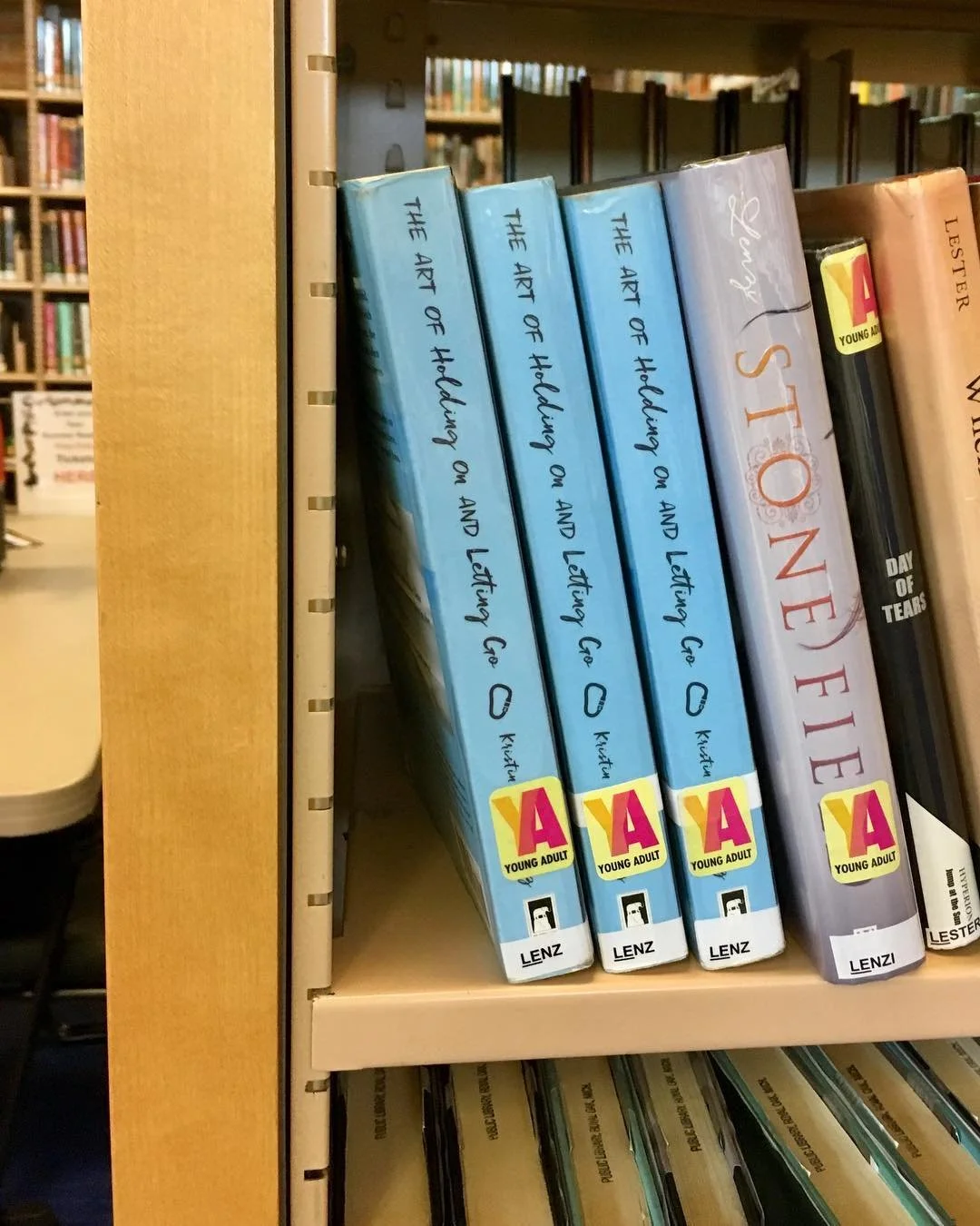 Library books on a shelf, including three titled 'The Art of Holding On and Letting Go' with a yellow 'Young Adult' sticker, and other books with titles partially visible.