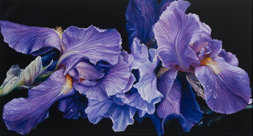 Ölbild von Lars Reiffers mit violetten Irisblüten und Tautropfen vor dunklem Hintergrund.