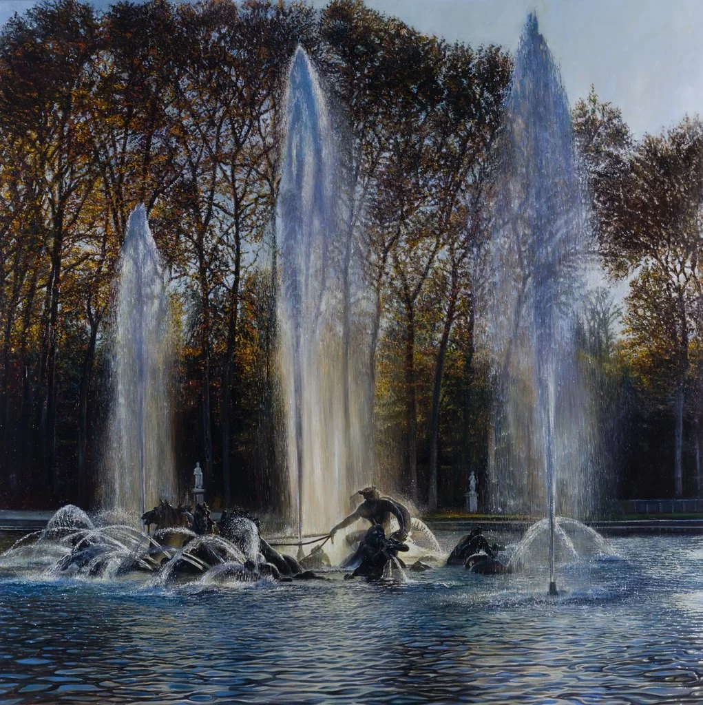 Gemälde von Lars Reiffers mit großer Brunnenanlage, Wasserfontänen und herbstlichem Park im Hintergrund.