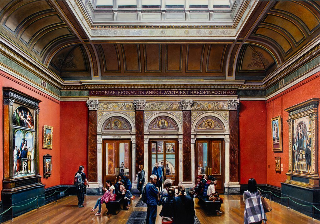 Pinakothek mit Besuchern im roten Museumsraum – Lars Reiffers