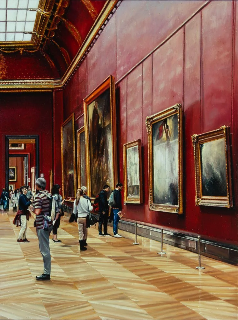 Besucher vor Gemälden im roten Museumsraum – Lars Reiffers