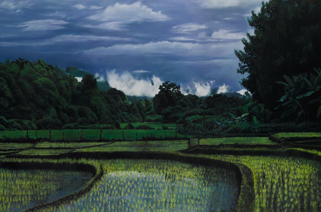 Landschaftsgemälde von Lars Reiffers mit Wasserfeldern, dunkler Vegetation und dramatischem Himmel.