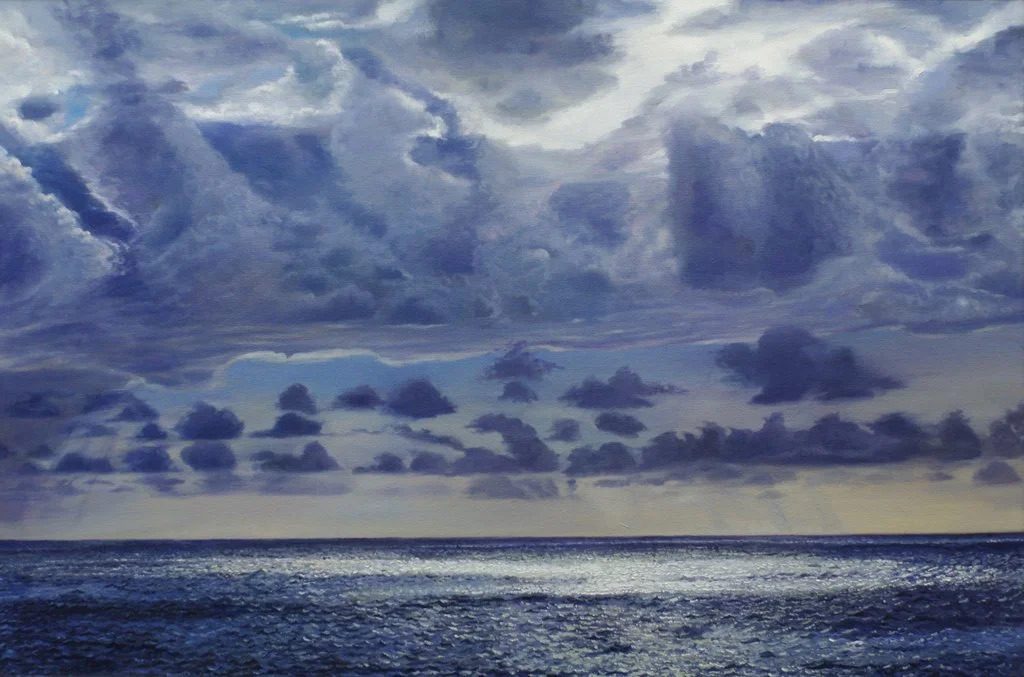 Landschaftsgemälde von Lars Reiffers mit weitem Meer, tiefem Horizont und wolkenreichem Himmel in kühlen Blautönen.