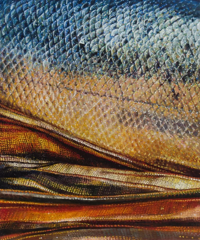 Nahsicht eines Fischkörpers mit blau-goldener Haut und warmen Stofffalten.