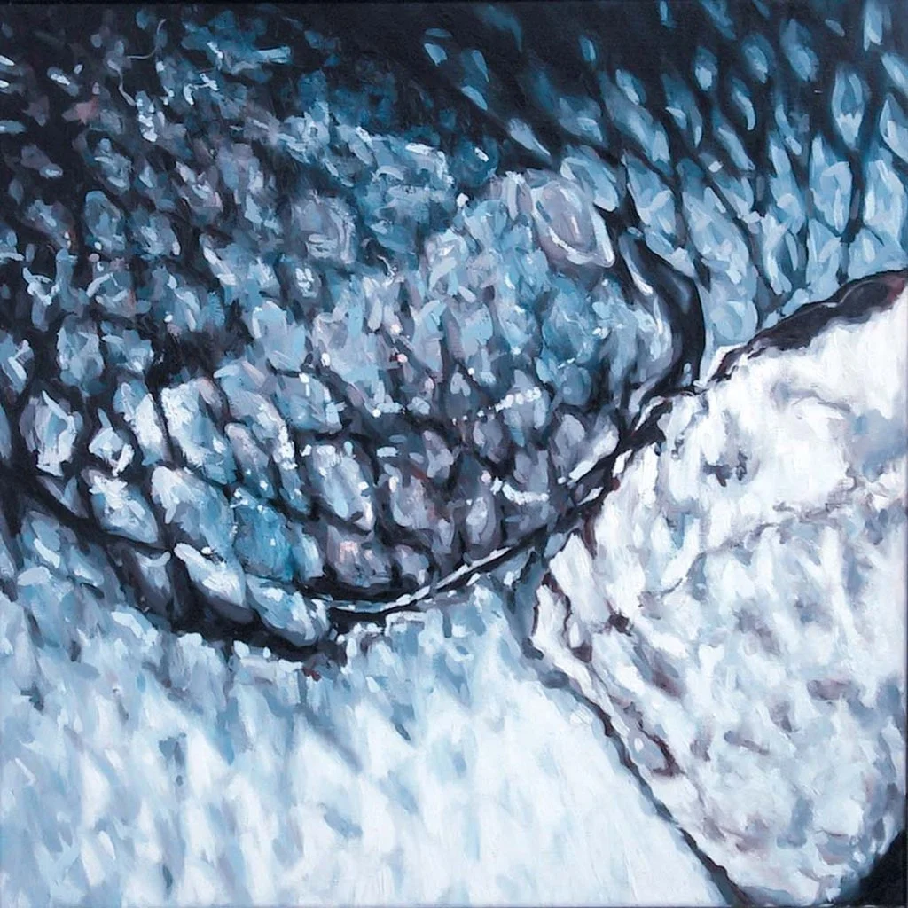 Nahaufnahme eines Fischernetzes, das über Felsen liegt, beim Fischen im Wasser, in einem expressionistischen Malstil
