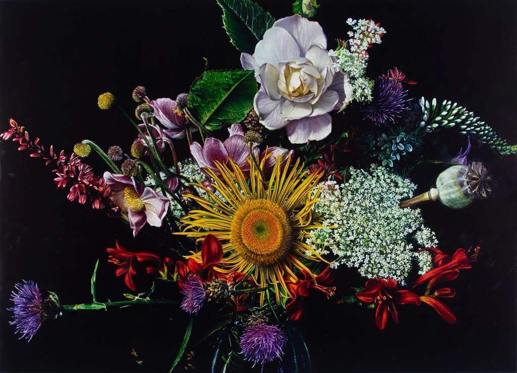 Blumenstillleben von Lars Reiffers mit gelber Blüte, weißen Dolden, Disteln, rotem Mohn und Mohnkapsel vor dunklem Hintergrund.