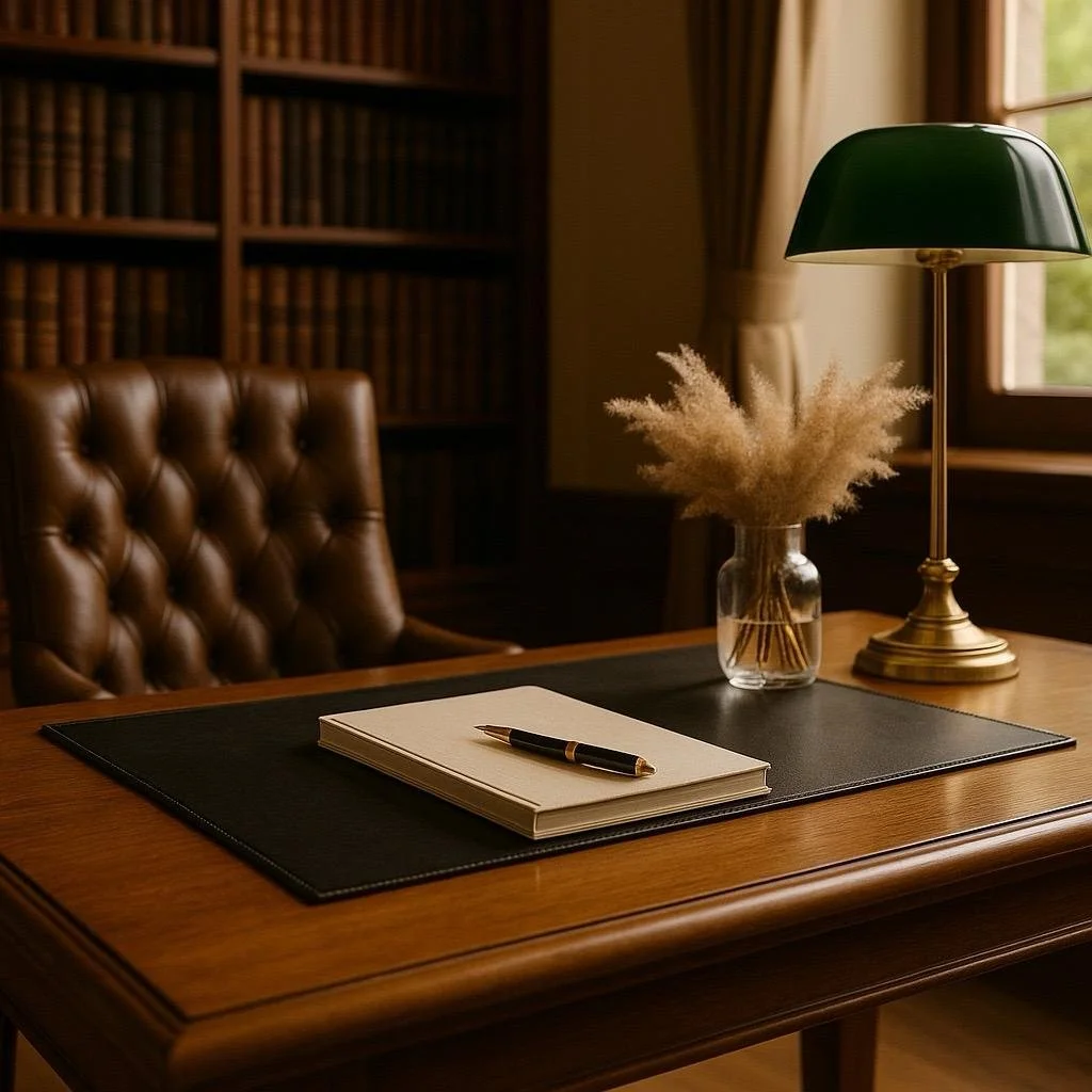 A tidy wooden desk with a closed notebook and pen, a glass vase with pampas grass, and a green banker’s lamp in a cozy, well-lit study with bookshelves and window curtains.