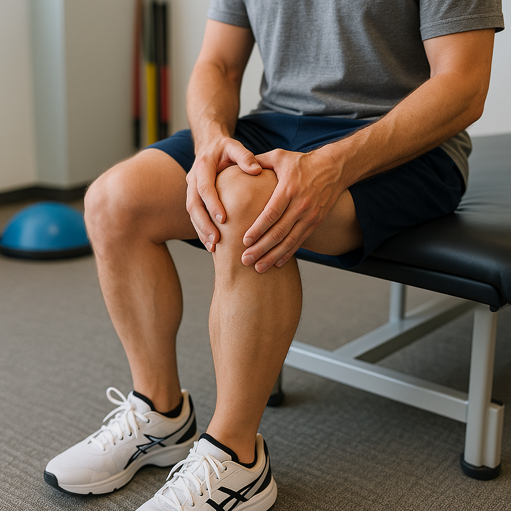 A man sitting on a black workout table holding his knee with his hands, appearing to have knee pain during physical therapy or a medical examination, with a blue balance disc visible in the background.