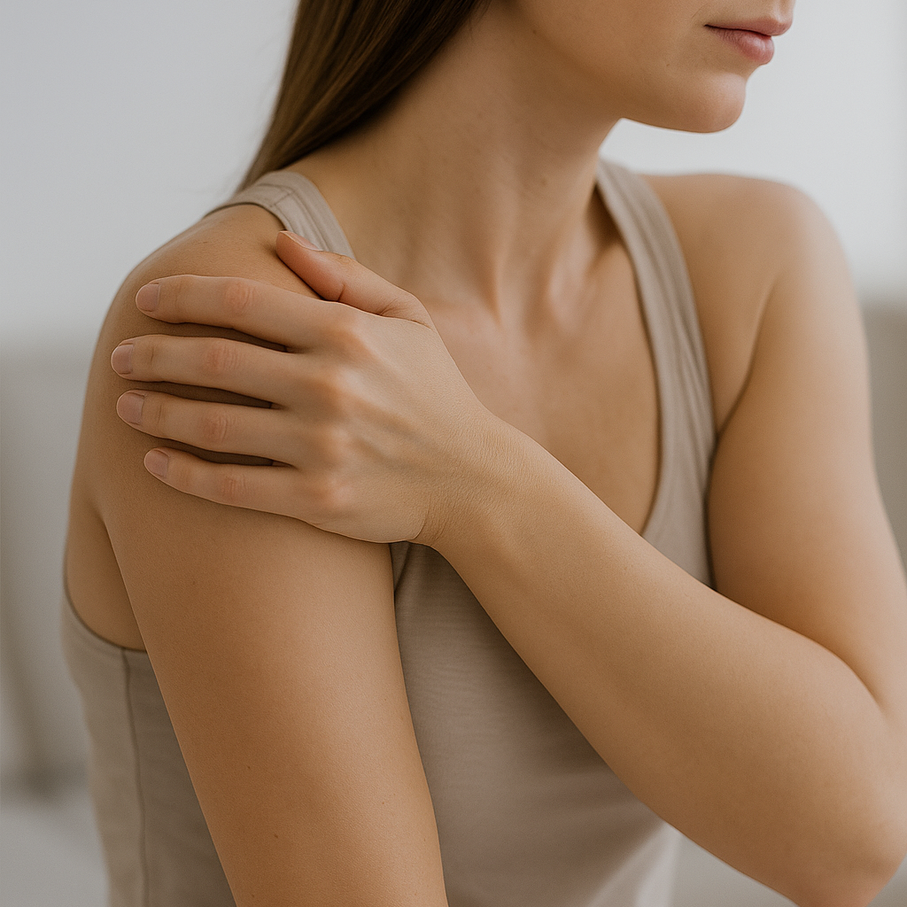 A woman gently holds her right shoulder with her left hand, appearing to experience discomfort or pain.
