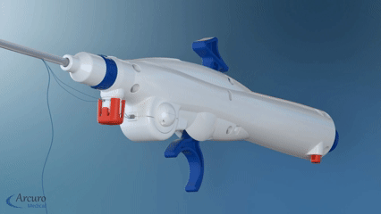 Close-up of a medical suturing device with a needle and syringe components, mounted on a blue background.