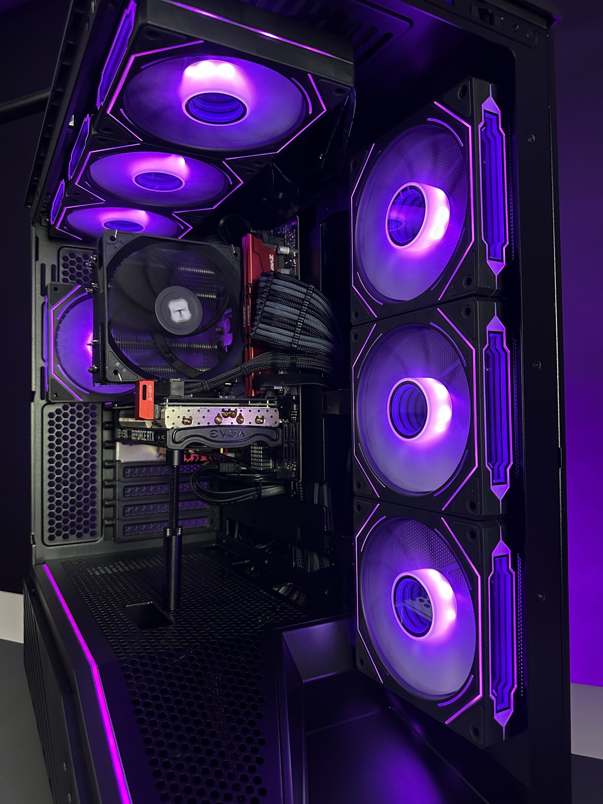 Purple RGB custom gaming PC interior