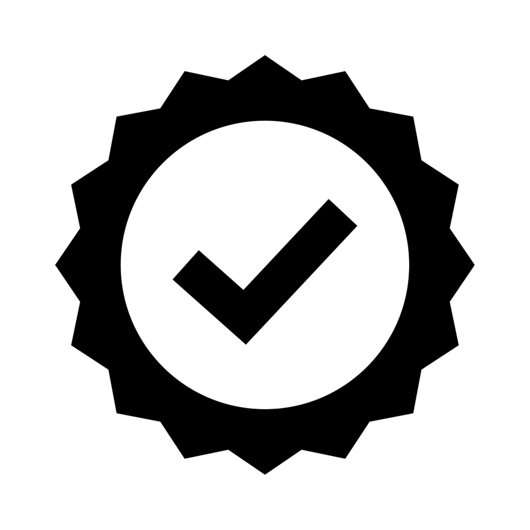 A black and white insignia with a check mark inside a circle, surrounded by a decorative gear shape, symbolizing approval or certification.