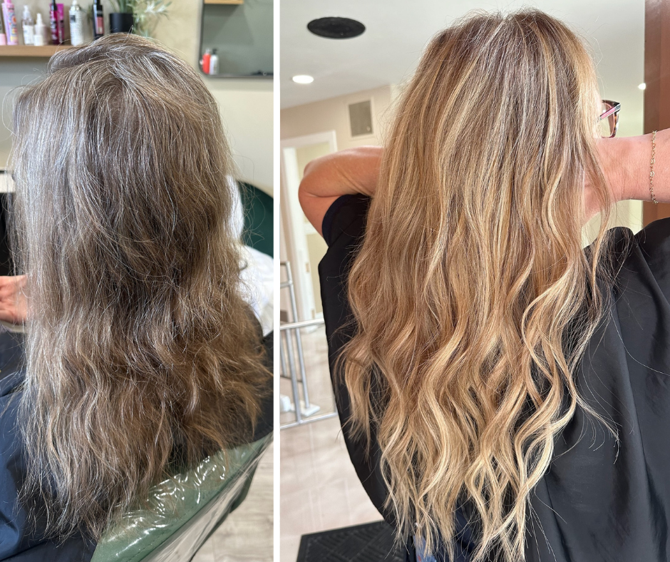 Side-by-side comparison of a woman's hair before and after hair coloring and styling. The before image shows hair that is wavy, frizzy, and has a dull, grayish-brown color. The after image shows hair that is smooth, styled in loose waves, and has a v