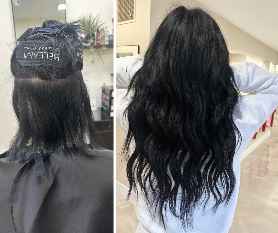 Comparison of a person's hair before and after a styling or treatment, showing short, straight hair on the left and long, wavy hair on the right.