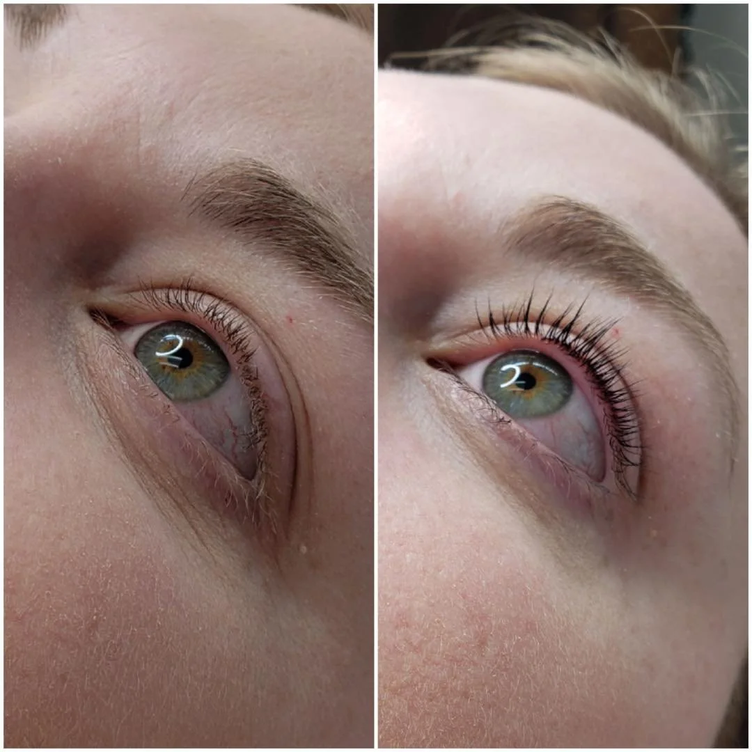 Side-by-side comparison of a person's eye, showing before and after eyelash curling and enhancement. The left side depicts natural lashes, while the right side shows curled, lifted, and more defined eyelashes.