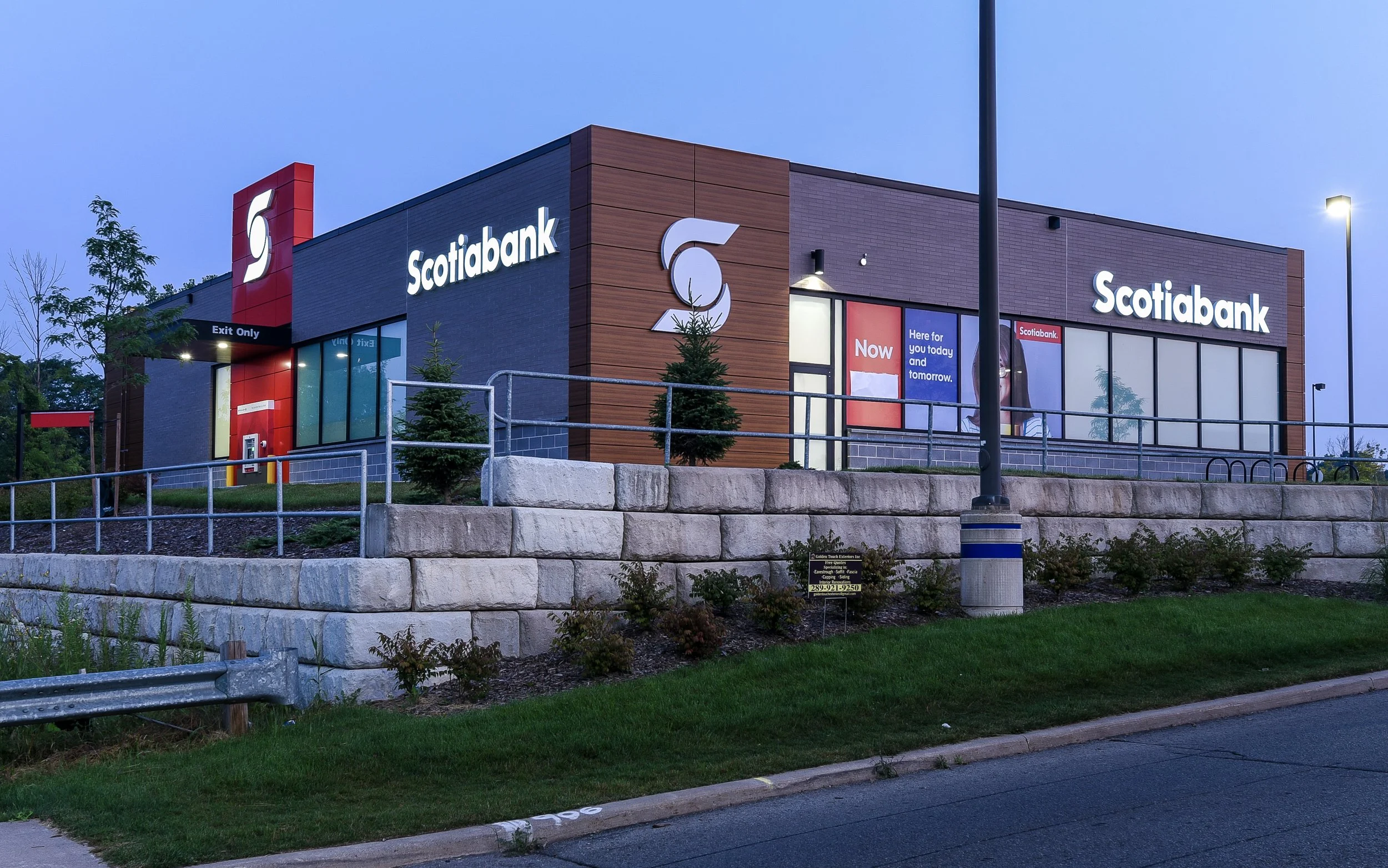 Exterior view of a Scotiabank branch building with illuminated signage and windows, small trees, and a stone retaining wall in front, during dusk.