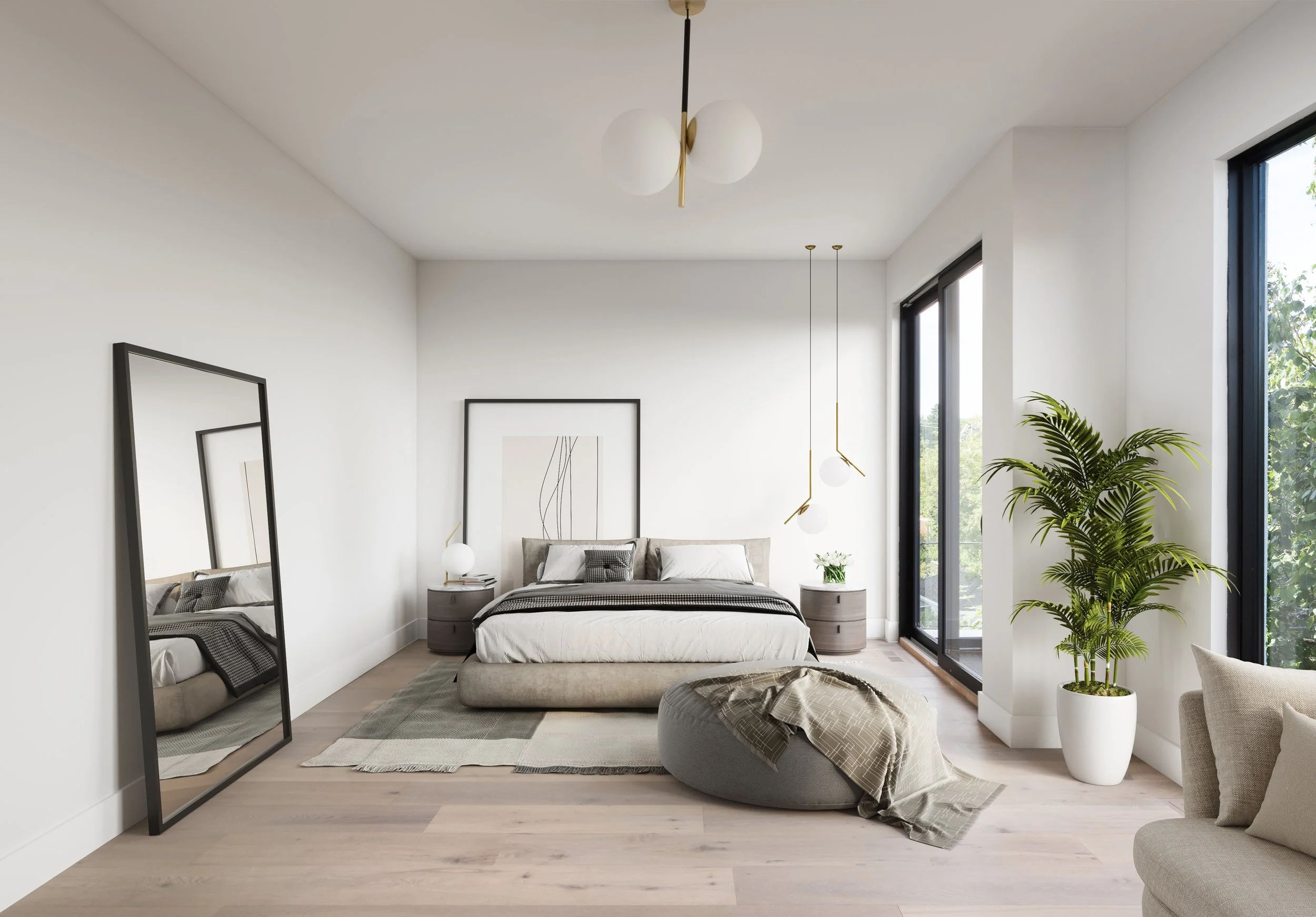 Modern bedroom with large mirror, bed with gray and white bedding, round beige ottoman with blanket, beige armchair, potted plant near window, minimalist artwork, and contemporary ceiling lights.