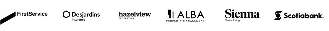 Black and white logos for ALBA Property Management, Sienna Senior Living, and Scotiabank.