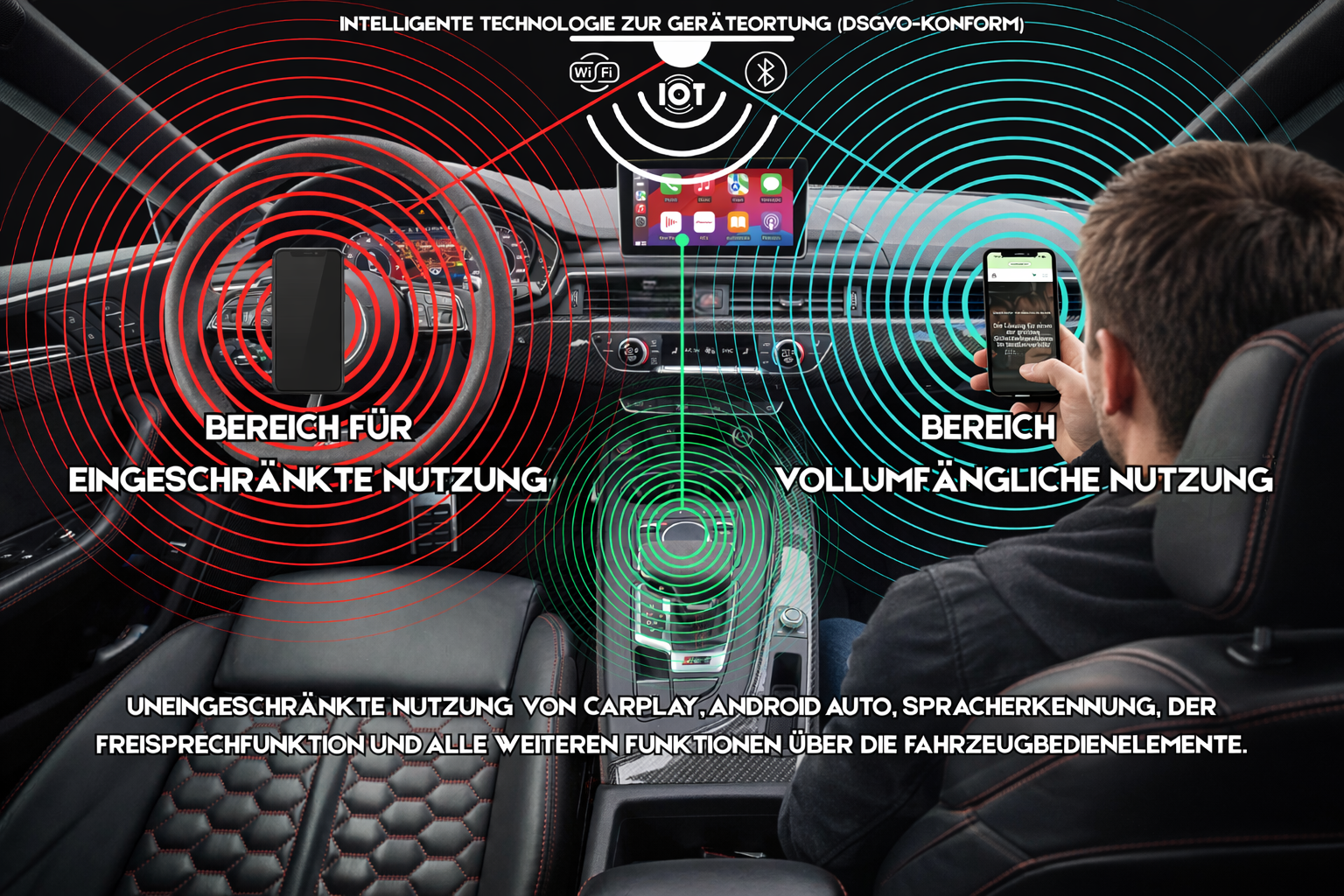 Schuldt Safety Fahrerassistenzsystem, Smartphone-Blockierung im Fahrerbereich bei voller Nutzung für Beifahrer