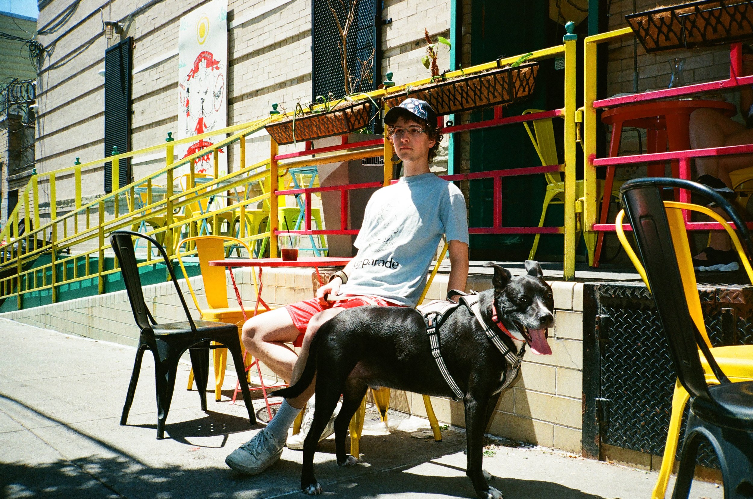 A young man with curly hair and glasses seated on a yellow chair on a sidewalk outside a building with a brick wall. He is wearing a white t-shirt and red shorts, and holding a glass of iced tea or soda. A large black dog is standing in front of him,