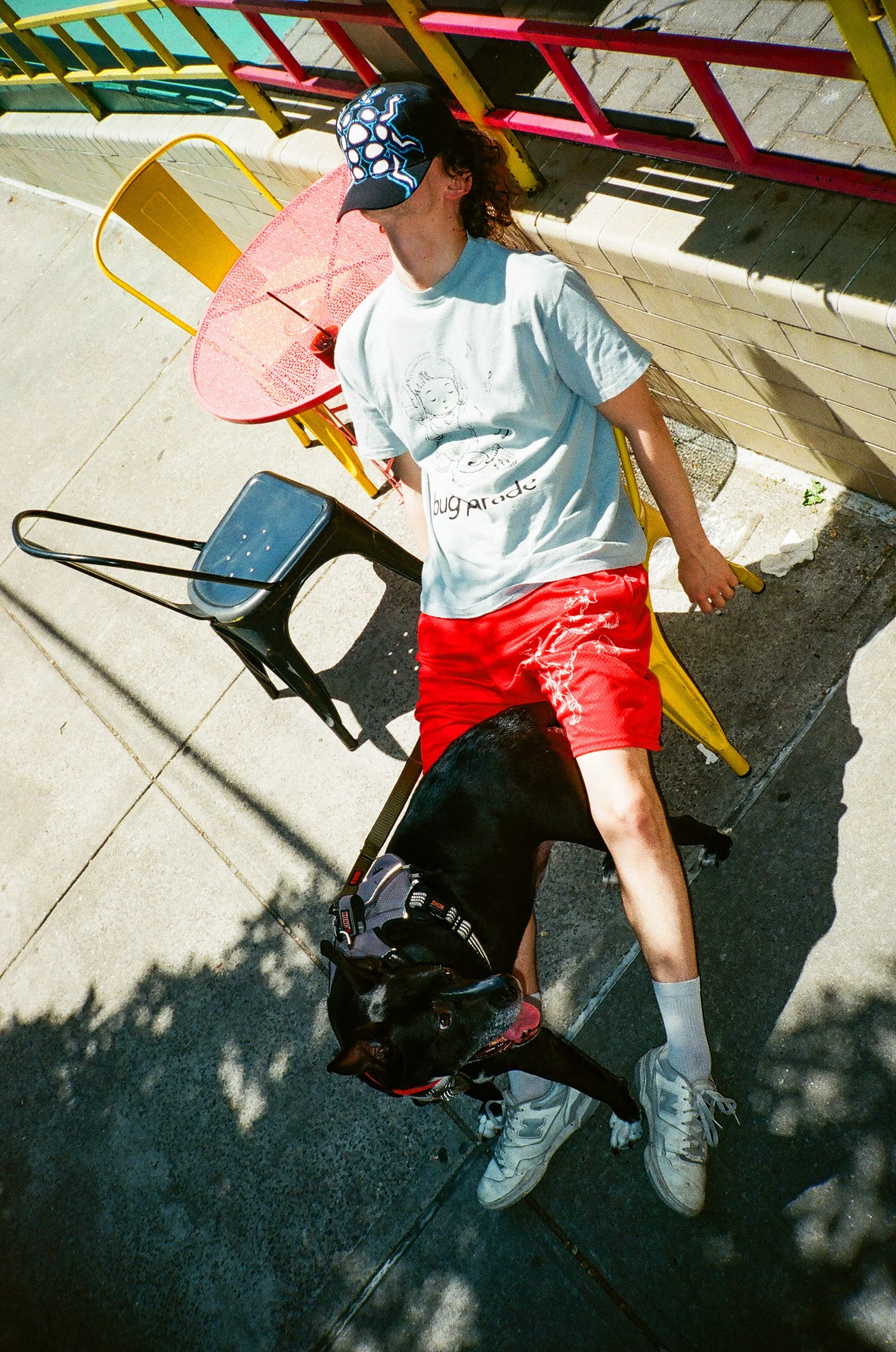 A person with long, curly hair wearing a colorful cap, white t-shirt with a cartoon design and red shorts, sitting on a yellow metal bench next to a small black dog with a harness. There is a pink table with a drink and straw nearby, on a sidewalk wi