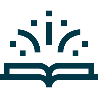 An open book with digital icons and lines representing data or information coming out of it.