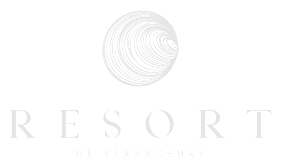 Black background with a white, spiral, globe-like design at the top center, and the words "RESORT" in large gray letters below. "DE VASSCHURE" is written in smaller white text underneath.