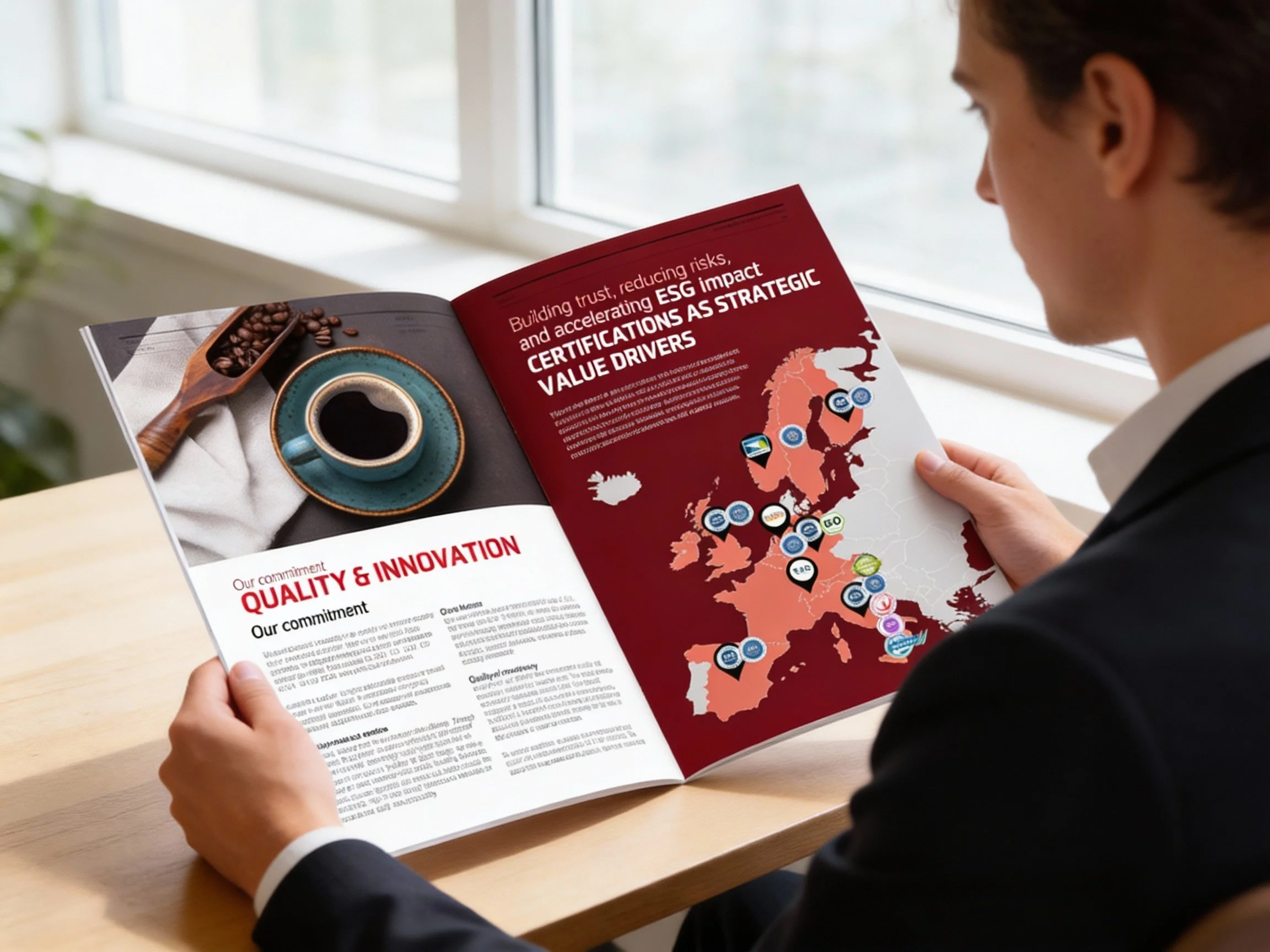 Professional reviewing a corporate sustainability and ESG report featuring quality, innovation, and certification highlights across Europe, emphasizing responsible business practices and strategic value creation..jpg