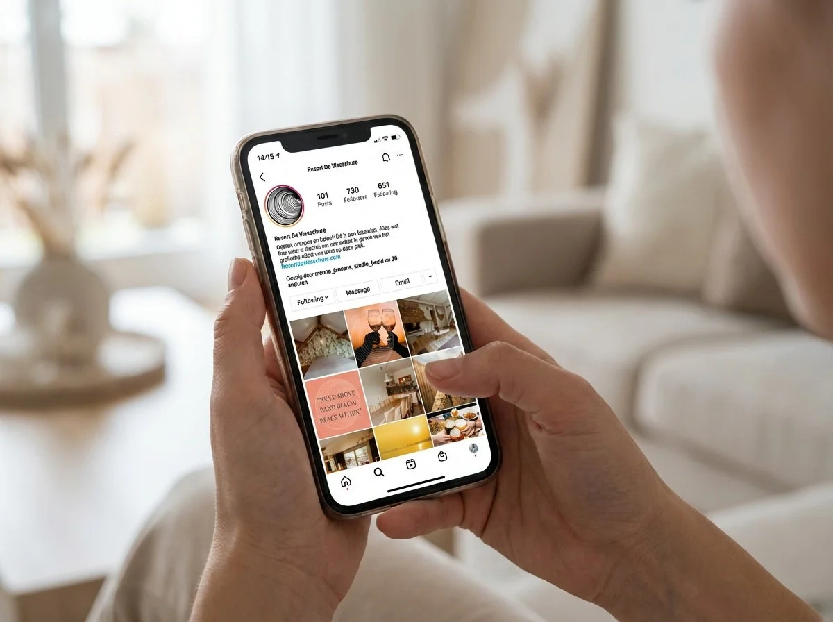 Person browsing a resort’s social media profile on a smartphone, showcasing digital marketing, travel inspiration and mobile engagement..jpg
