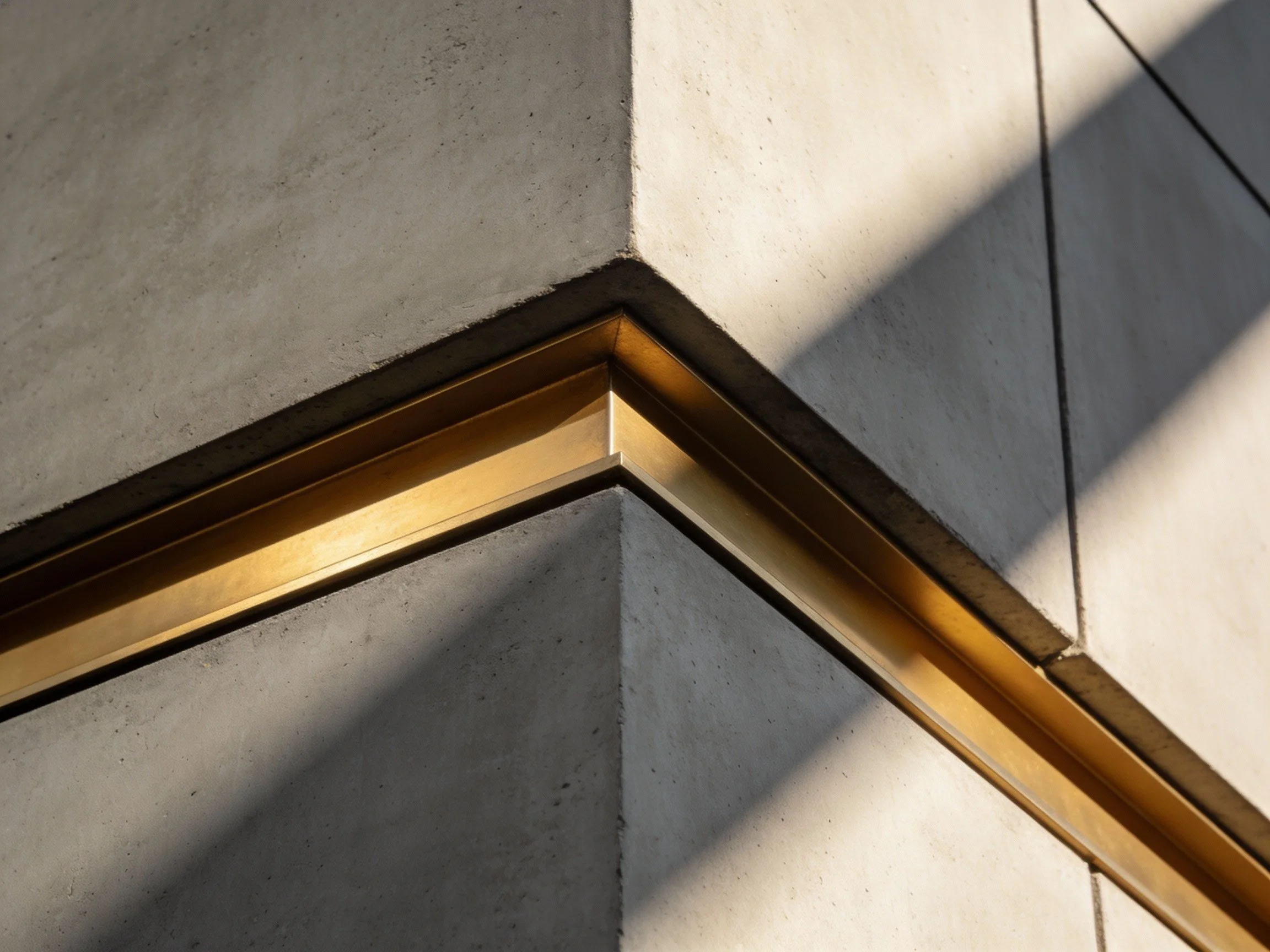 Close-up of a corner of a concrete building wall with a gold-colored metal trim at the corner, casting a shadow on the wall.