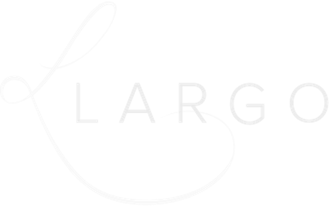 The word 'LARGO' is written with a decorative script font, with the 'L' flowing into the word and the text appearing in white on a black background.