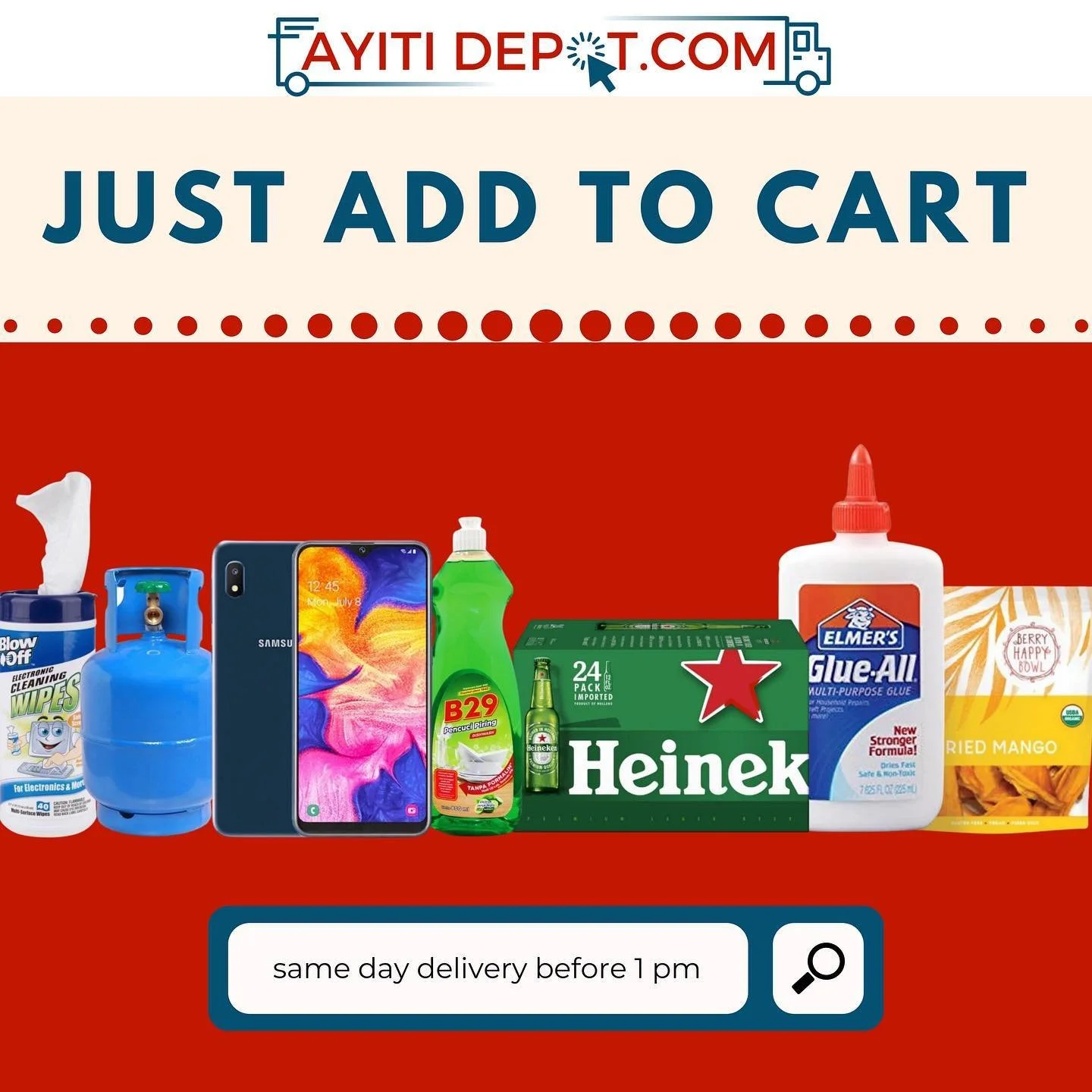 Same day delivery on orders made before 1pm! Get your weekend necessities and more at AyitiDepot.com Just one click and your items will be on the way!